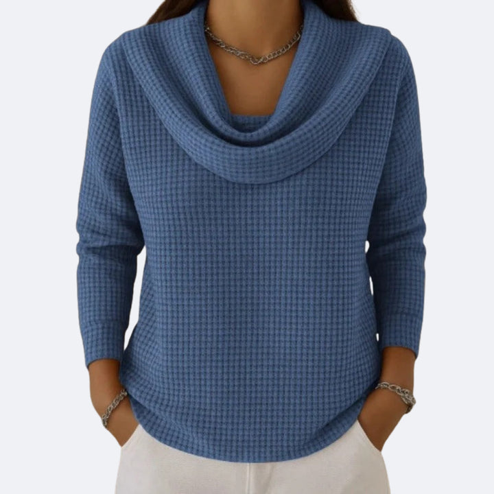 Emelinelora | Women's Knit Cozy Thermal Soft Neck Waffle Effect Sweater — Blue