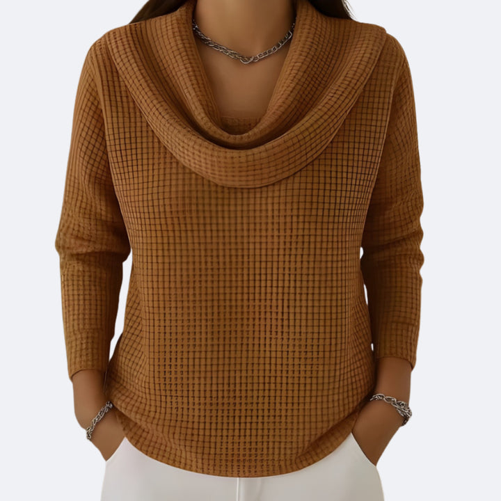 Emelinelora | Women's Knit Cozy Thermal Soft Neck Waffle Effect Sweater — Caramel Brown