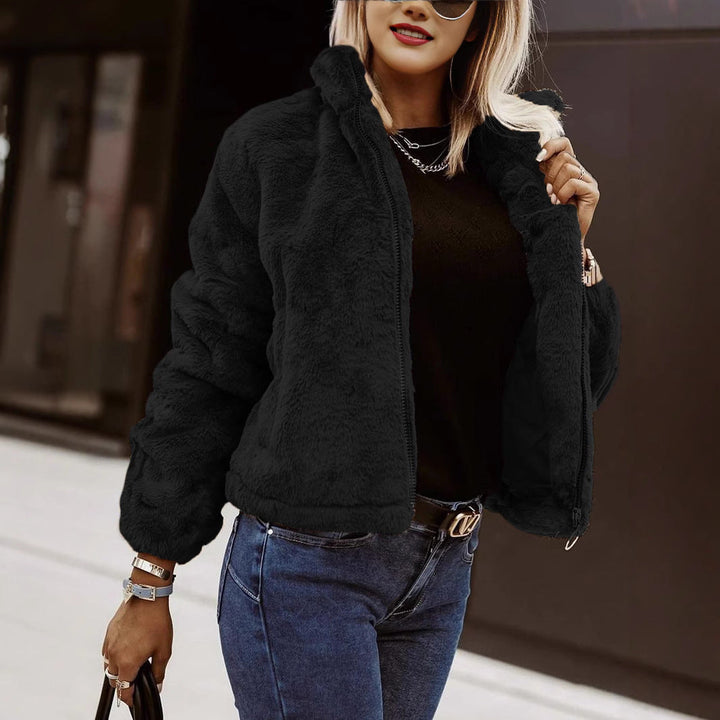 Emelineora | Women's Teddy Bomber Jacket – Sherpa Zip Jacket — Black