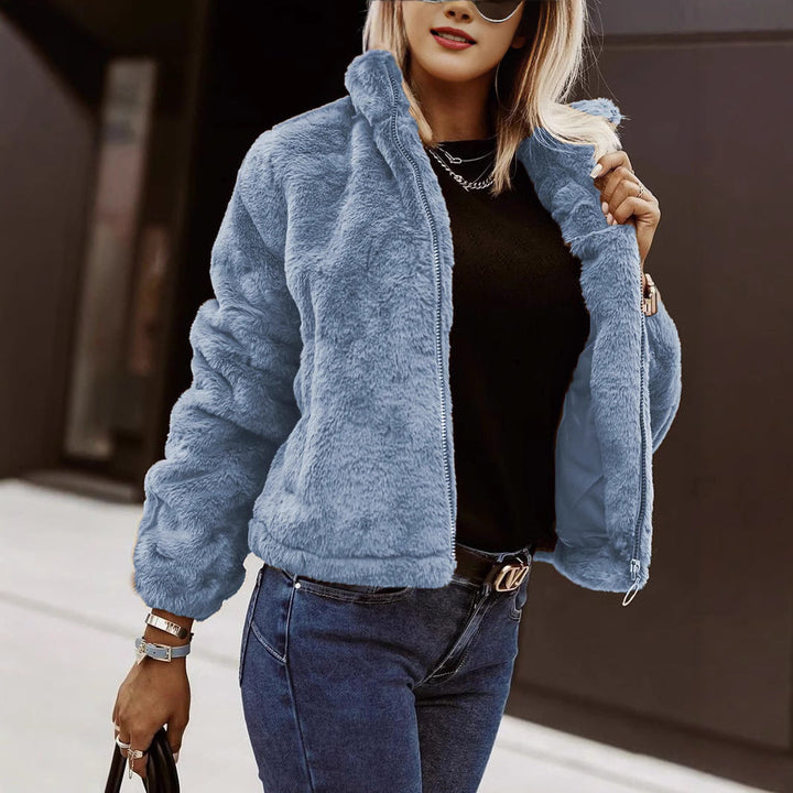 Emelineora | Women's Teddy Bomber Jacket – Sherpa Zip Jacket — Blue