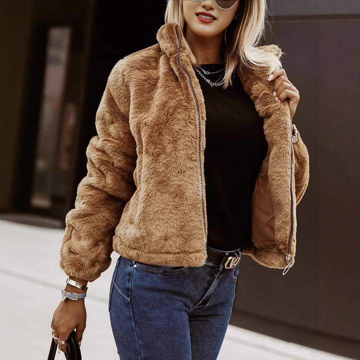 Emelineora | Women's Teddy Bomber Jacket – Sherpa Zip Jacket — Brown