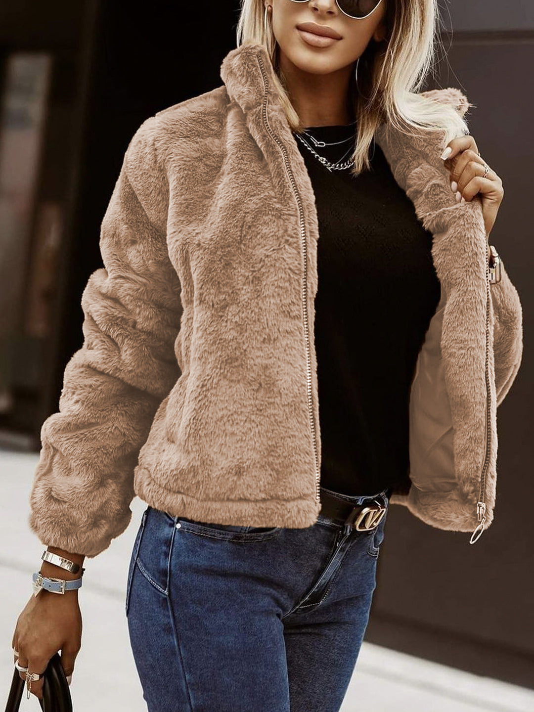 Emelineora | Women's Teddy Bomber Jacket – Sherpa Zip Jacket — Earth brown