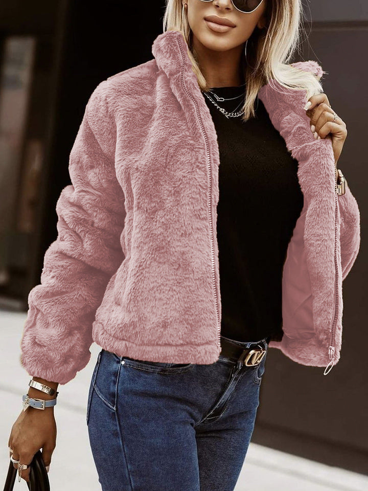 Emelineora | Women's Teddy Bomber Jacket – Sherpa Zip Jacket — Pink