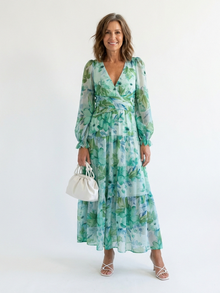Female model wearing a green floral maxi dress with a relaxed flowing fit on a plain background.