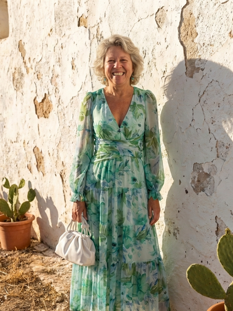 Female model styled in a graceful green floral maxi dress