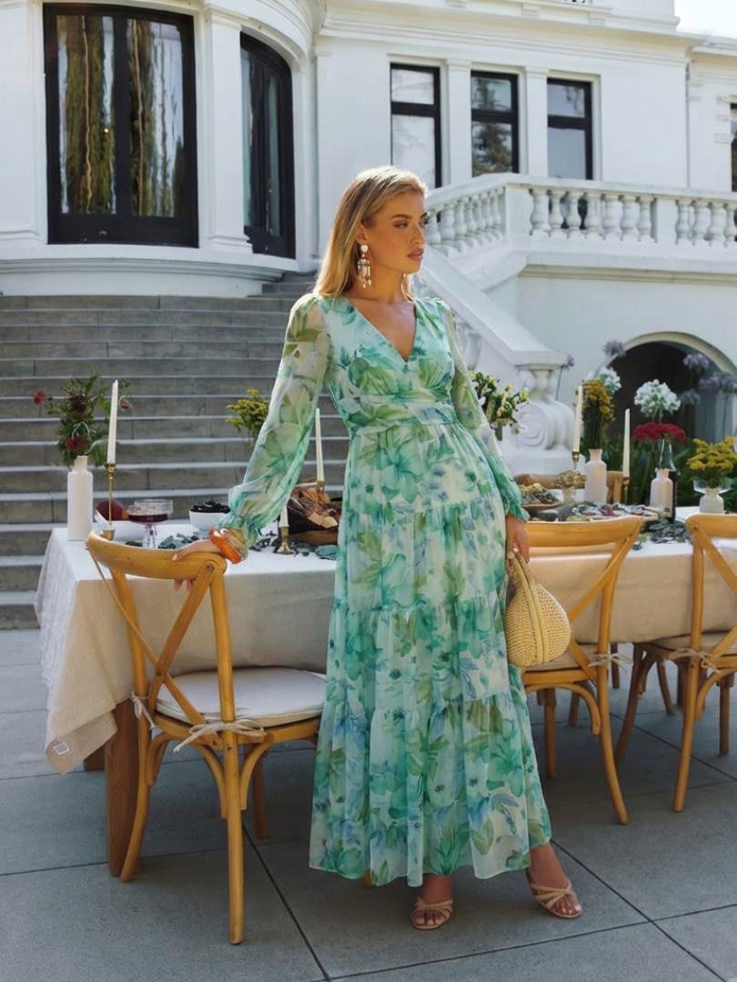 Woman in a long sleeve floral dress with maxi length and v neckline.