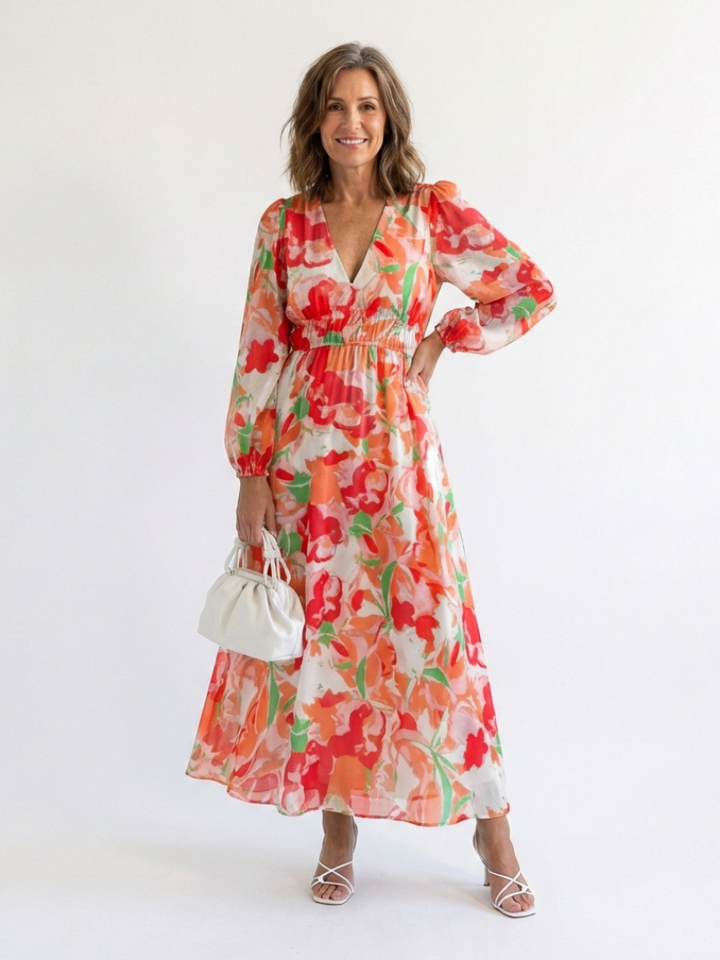 Woman wearing a green floral v neck long sleeve maxi dress on a plain background.