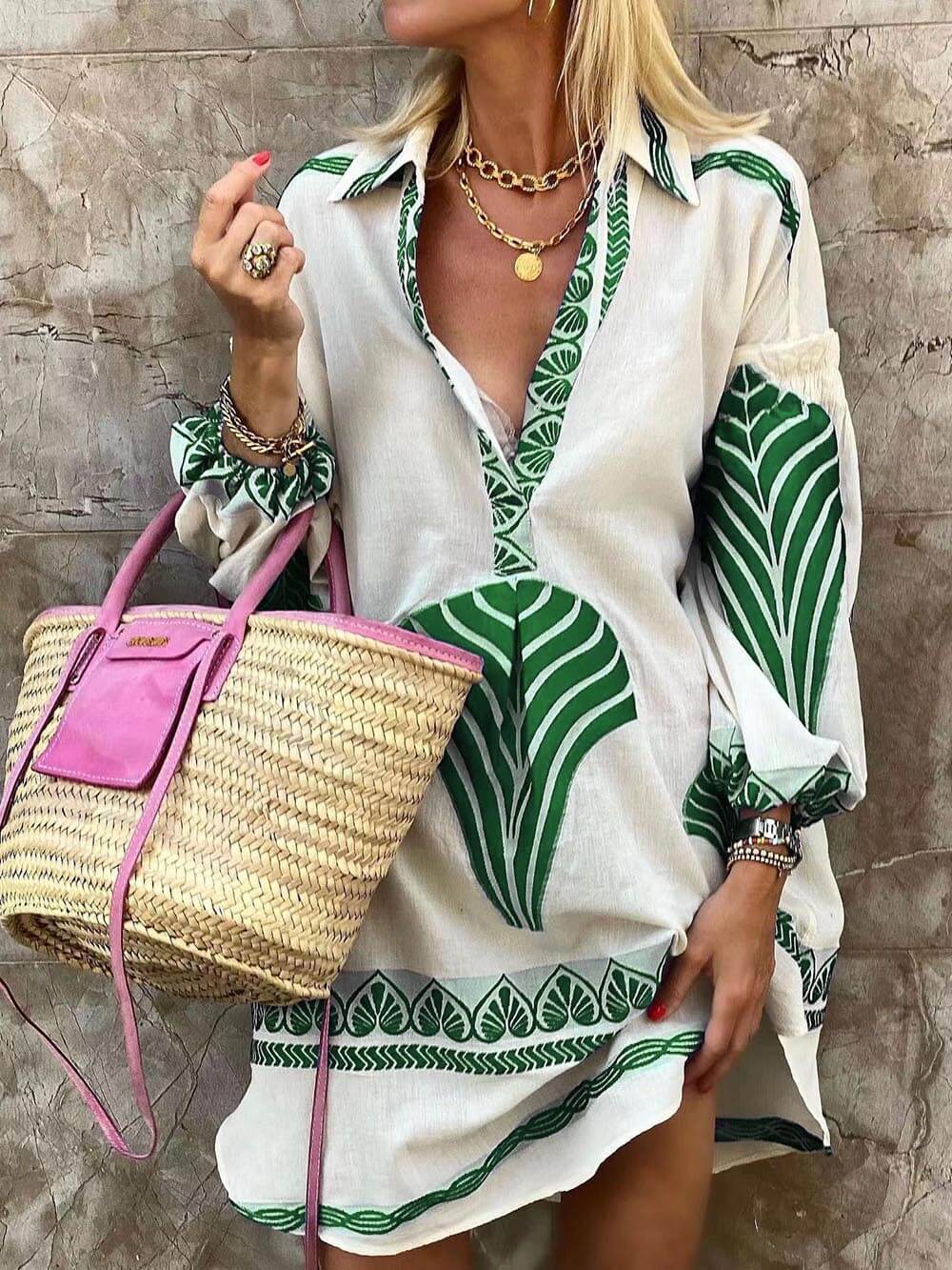 Esme | Women's Wedding Guest Elegant V-Neck Printed Long Sleeve Mini Dress Dresses — 1