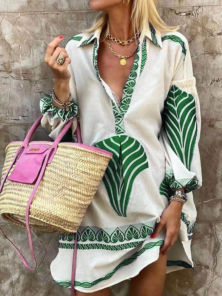 Esme | Women's Wedding Guest Elegant V-Neck Printed Long Sleeve Mini Dress Dresses — 1