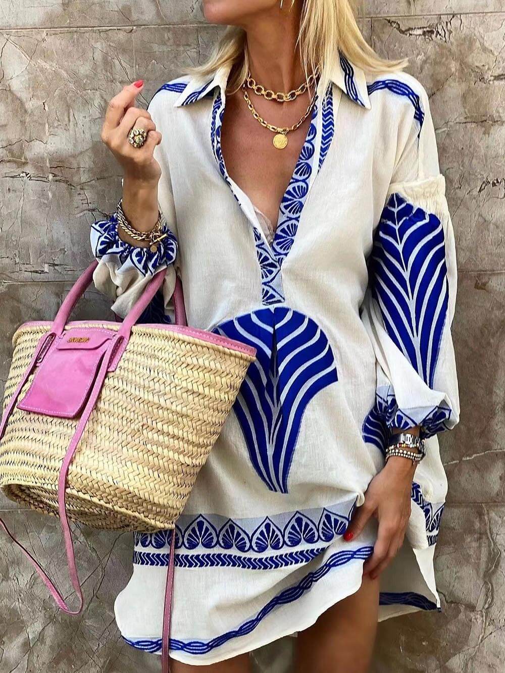 Esme | Women's Wedding Guest Elegant V-Neck Printed Long Sleeve Mini Dress Dresses — 2