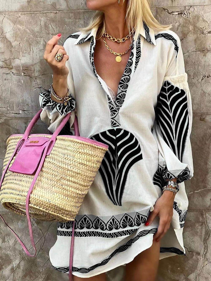 Esme | Women's Wedding Guest Elegant V-Neck Printed Long Sleeve Mini Dress Dresses — 3