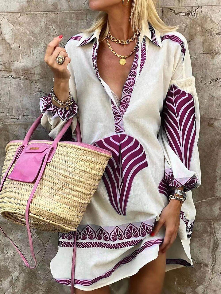 Esme | Women's Wedding Guest Elegant V-Neck Printed Long Sleeve Mini Dress Dresses — Pink