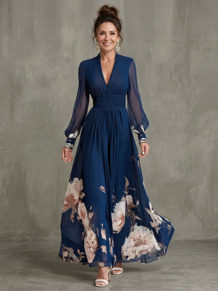 Esmedora | Women's Wedding Guest Elegant V-Neck Pleated Maxi Dress with Sheer Long Sleeves Dresses — Navy