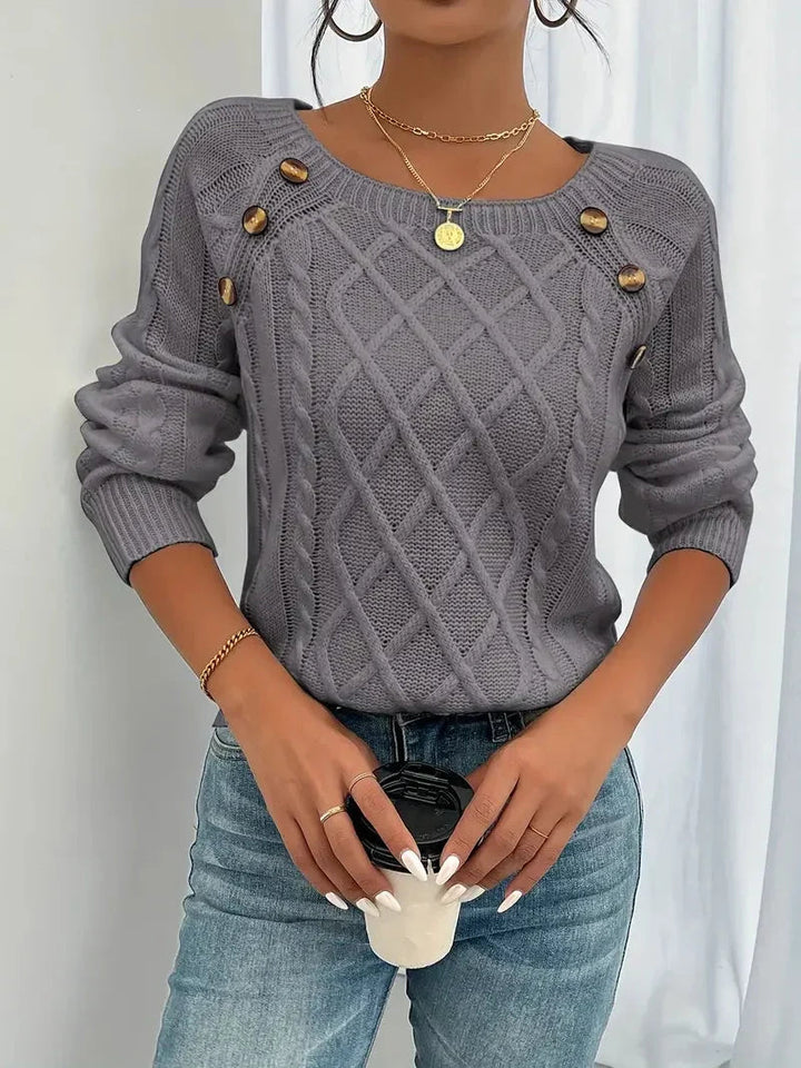 Esmeienne | Women's Cozy Elegant and Classic Square-Neck Cable Knitted Sweater — Dark Grey