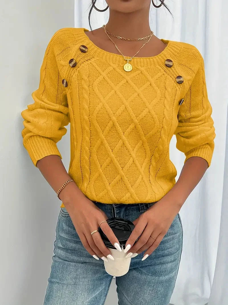 Esmeienne | Women's Cozy Elegant and Classic Square-Neck Cable Knitted Sweater — Gold