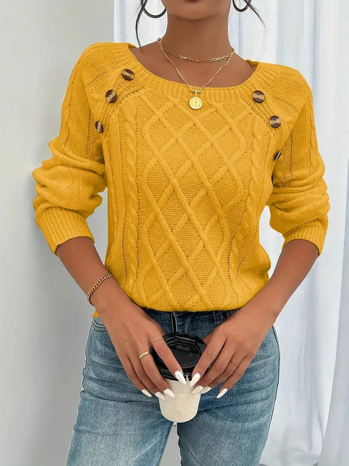 Esmeienne | Women's Cozy Elegant and Classic Square-Neck Cable Knitted Sweater — Gold