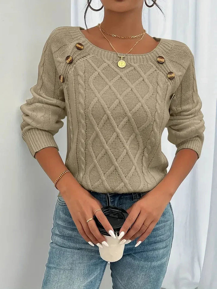 Esmeienne | Women's Cozy Elegant and Classic Square-Neck Cable Knitted Sweater — Khaki