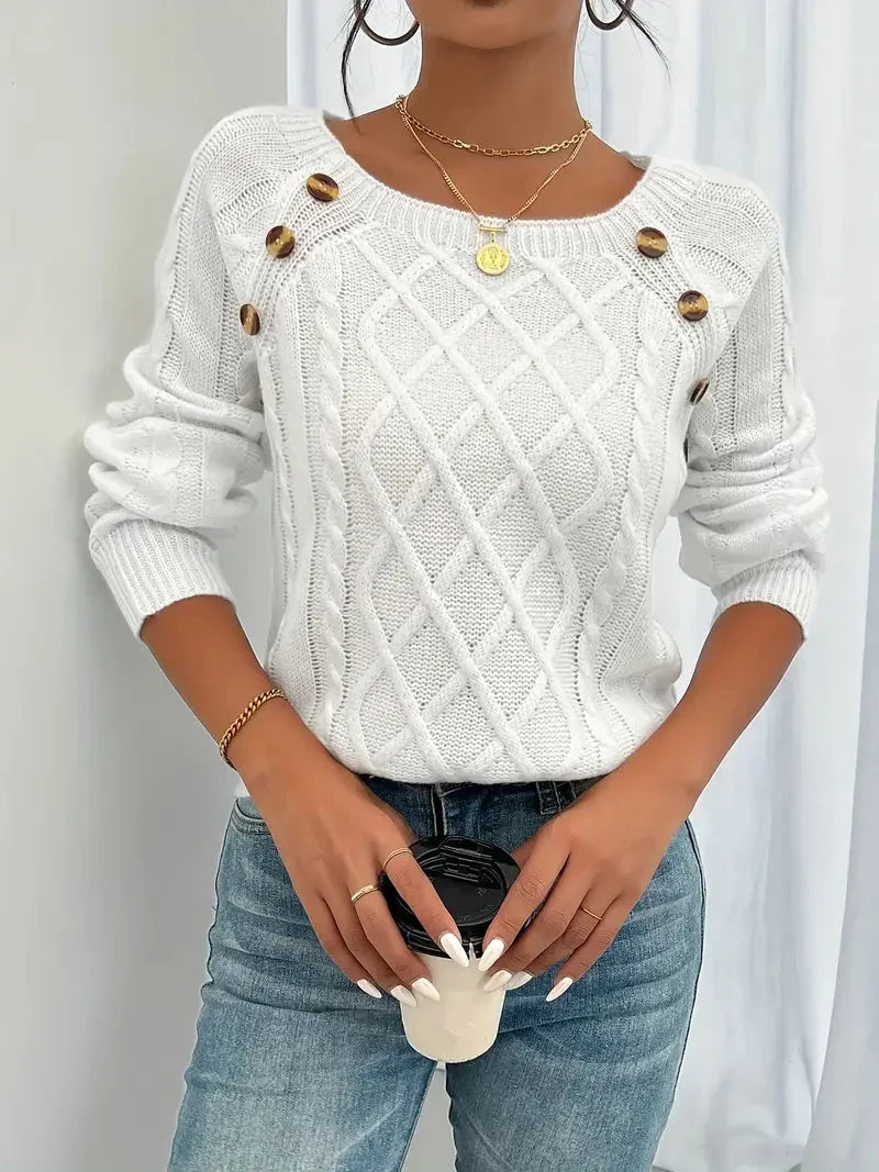 Esmeienne | Women's Cozy Elegant and Classic Square-Neck Cable Knitted Sweater — White