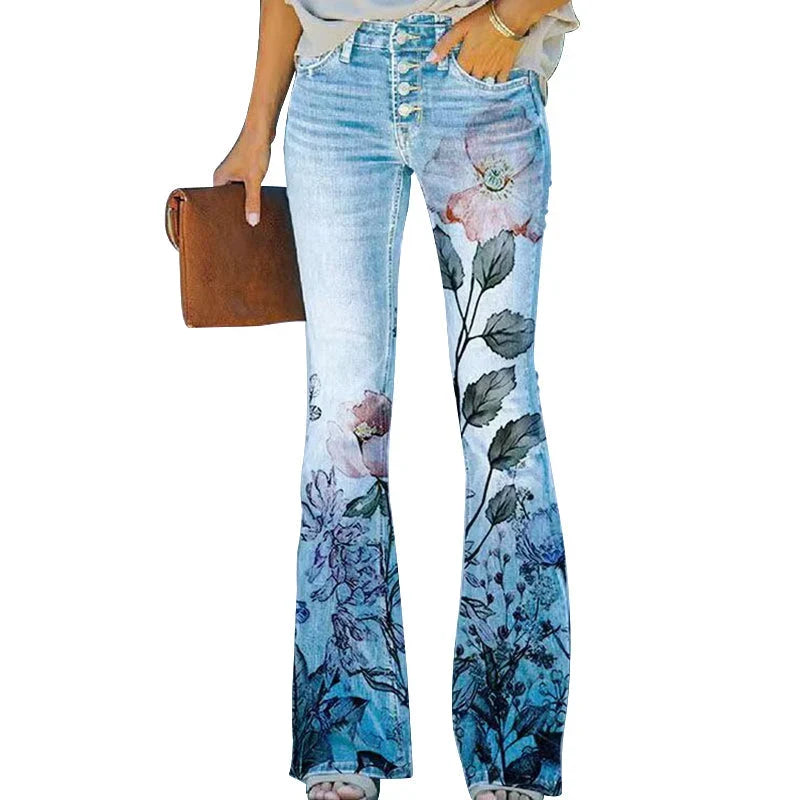 Esmelyn | Women's High-Waist Wide-Leg Flare Floral High Waist Jeans — A