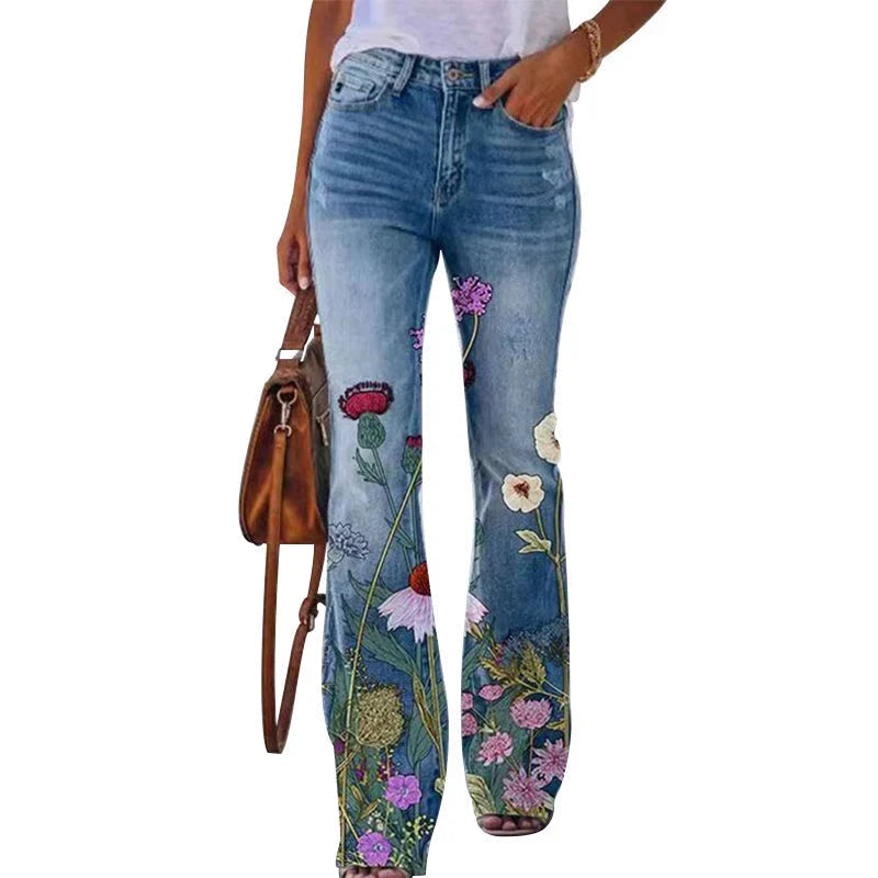 Esmelyn | Women's High-Waist Wide-Leg Flare Floral High Waist Jeans — B