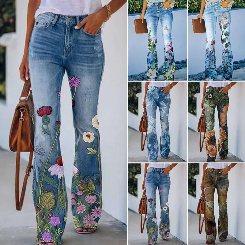 Esmelyn | Women's High-Waist Wide-Leg Flare Floral High Waist Jeans — 2