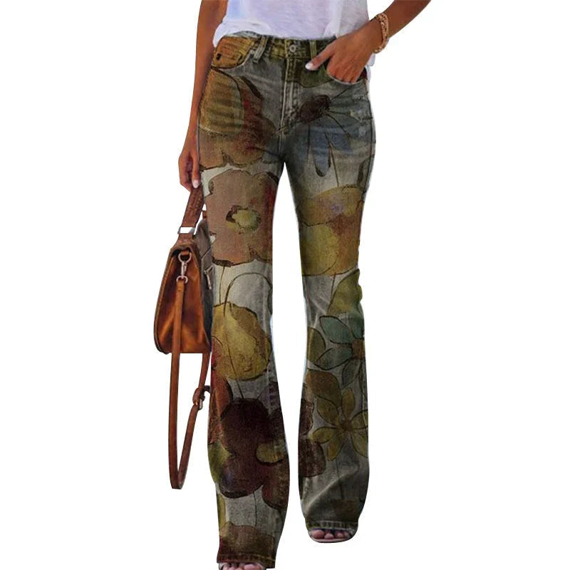 Esmelyn | Women's High-Waist Wide-Leg Flare Floral High Waist Jeans — F