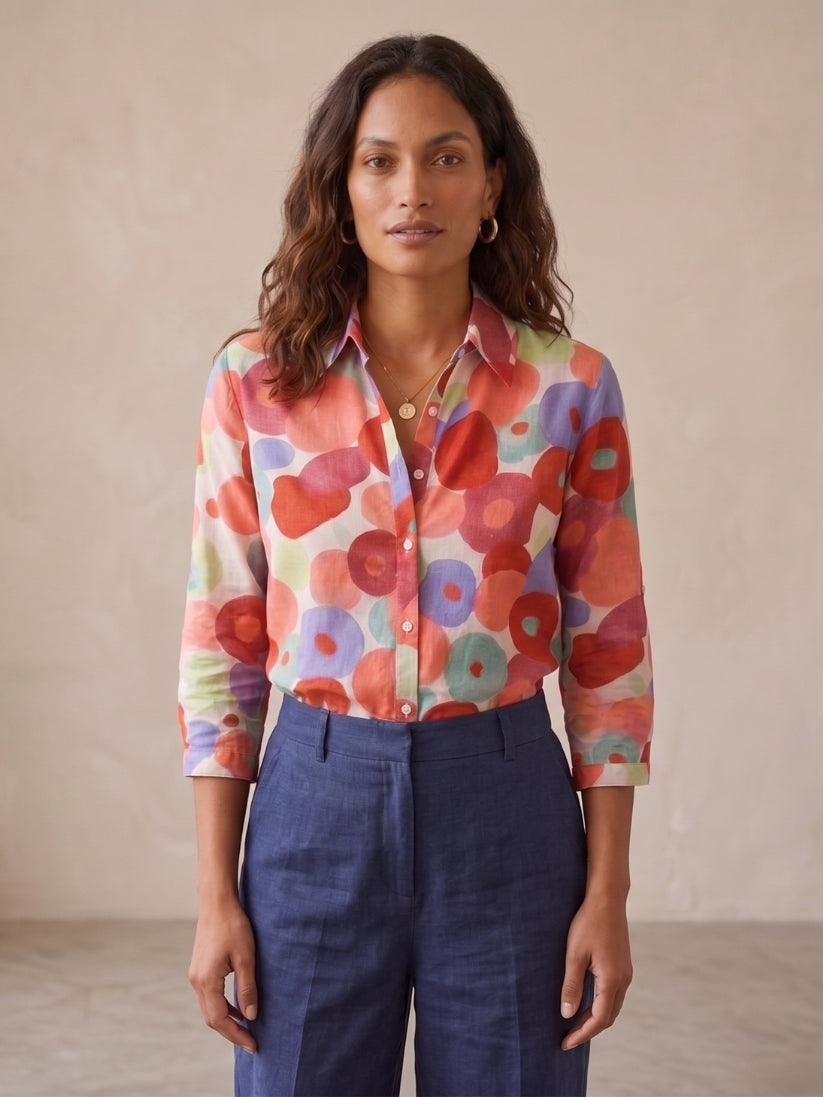 Esmeralda | Women's Linen Casual Floral Button-Down Blouse — 2