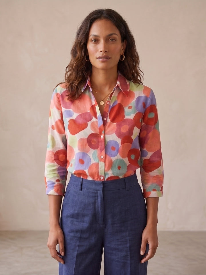 Esmeralda | Women's Linen Casual Floral Button-Down Blouse — 2