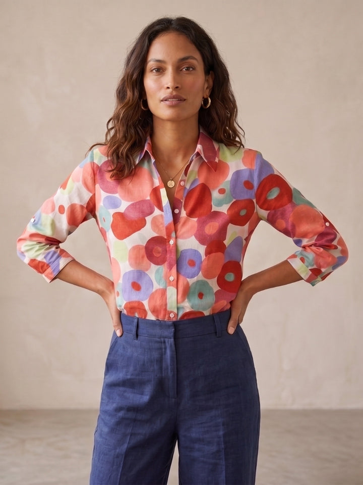 Esmeralda | Women's Linen Casual Floral Button-Down Blouse — Multicolor