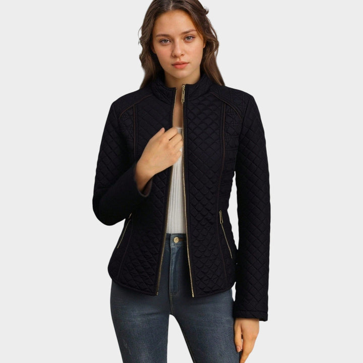 Faelyn | Women's Quilted Jacket Casual Zip Front Stand Collar — Black