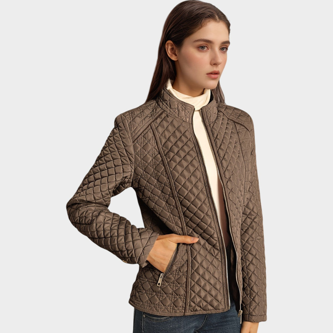 Faelyn | Women's Quilted Jacket Casual Zip Front Stand Collar — Brown