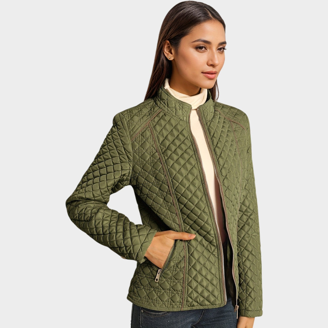Faelyn | Women's Quilted Jacket Casual Zip Front Stand Collar — Green