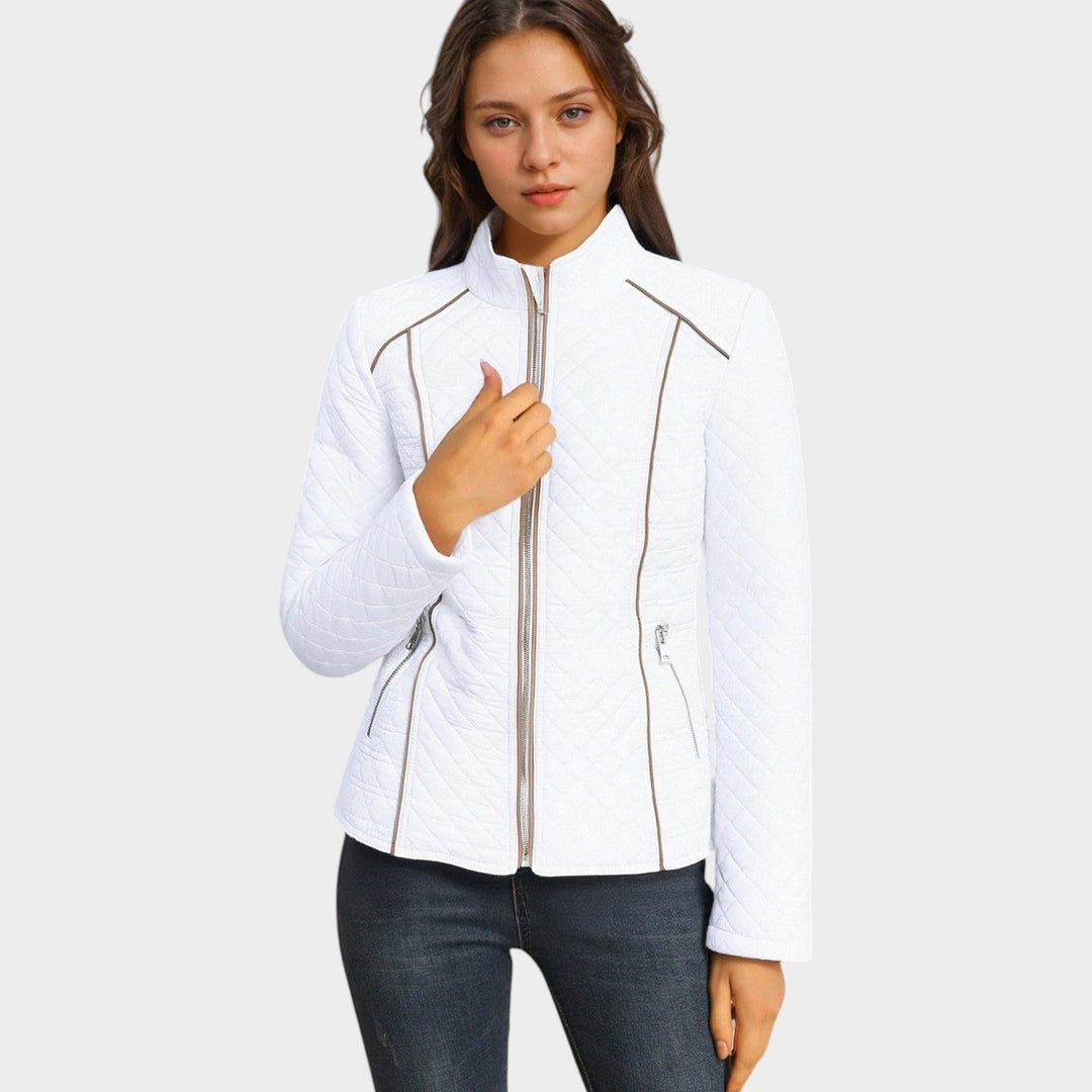 Faelyn | Women's Quilted Jacket Casual Zip Front Stand Collar — Ivory White