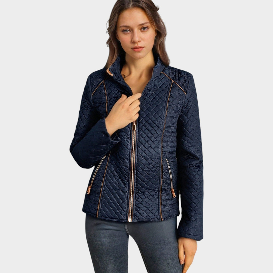 Faelyn | Women's Quilted Jacket Casual Zip Front Stand Collar — Navy Blue