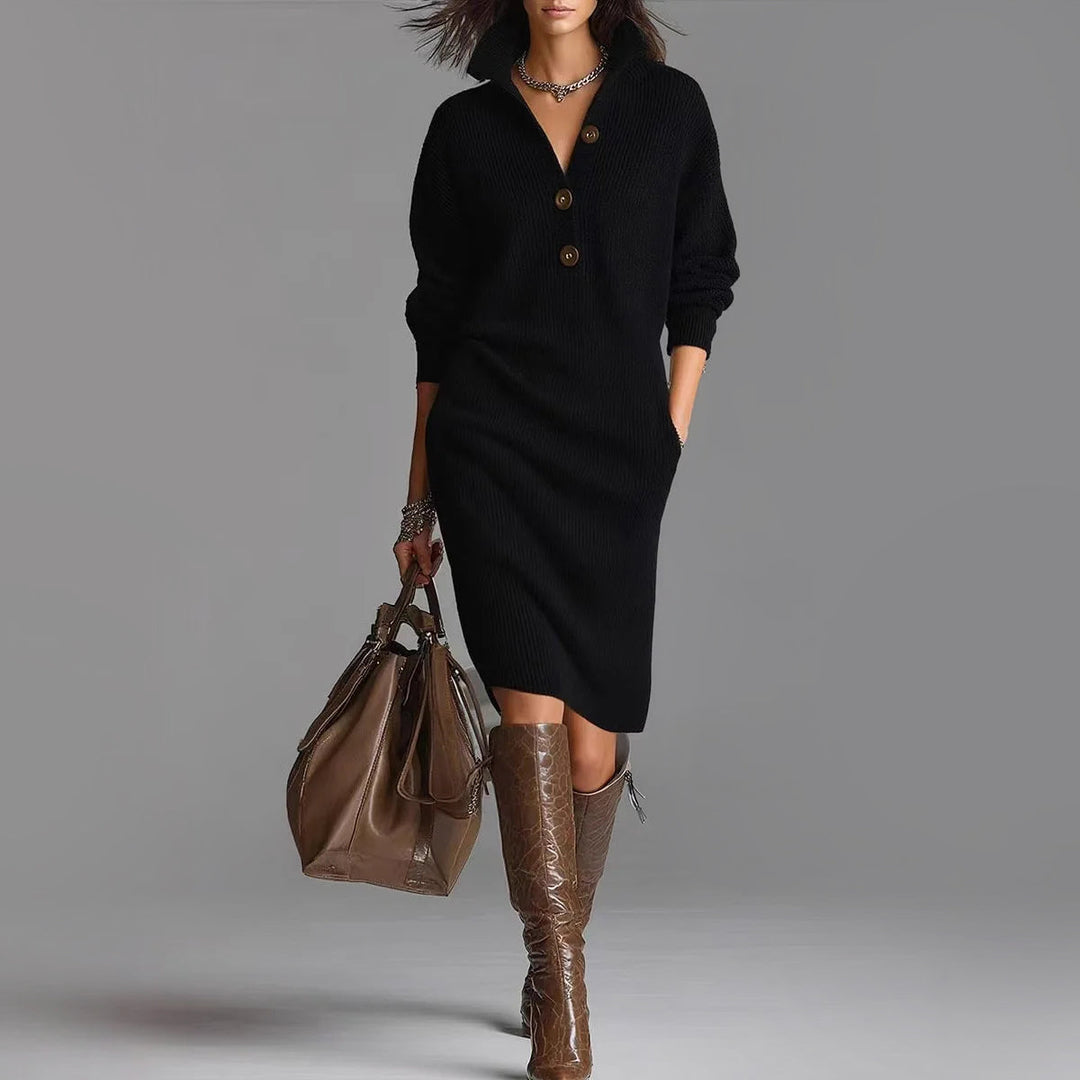 Fayebelle | Women's Elegant Ribbed Knit Midi Sweater Dress with Spread Collar and Slim Fit — Black