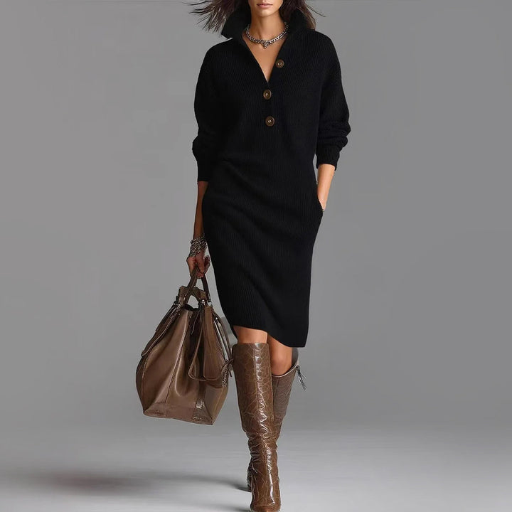 Fayebelle | Women's Elegant Ribbed Knit Midi Sweater Dress with Spread Collar and Slim Fit — Black