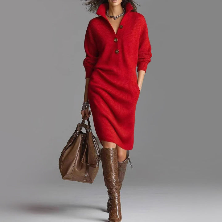 Fayebelle | Women's Elegant Ribbed Knit Midi Sweater Dress with Spread Collar and Slim Fit — Red