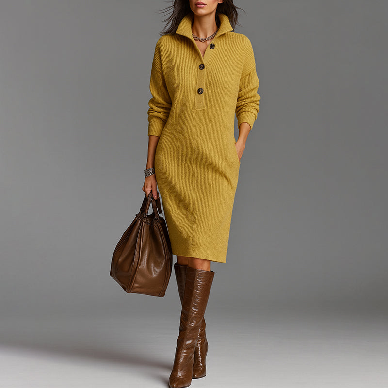 Fayebelle | Women's Elegant Ribbed Knit Midi Sweater Dress with Spread Collar and Slim Fit — Yellow