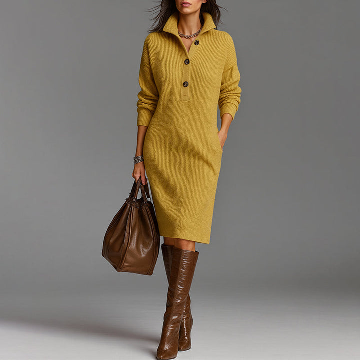 Fayebelle | Women's Elegant Ribbed Knit Midi Sweater Dress with Spread Collar and Slim Fit — Yellow