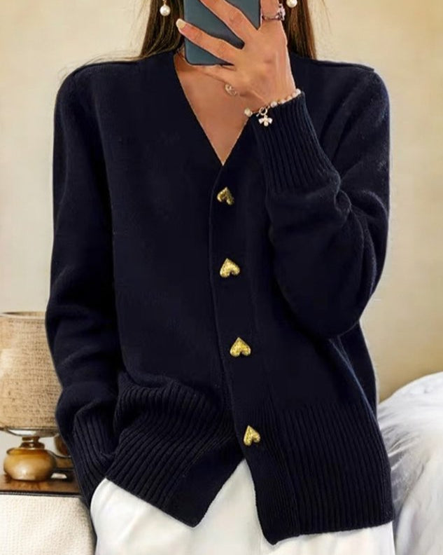 Fayeisse | Women's Cozy V-Neck Knit Cardigan, Heart Buttons — Black