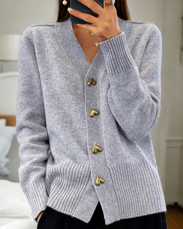 Fayeisse | Women's Cozy V-Neck Knit Cardigan, Heart Buttons — Grey