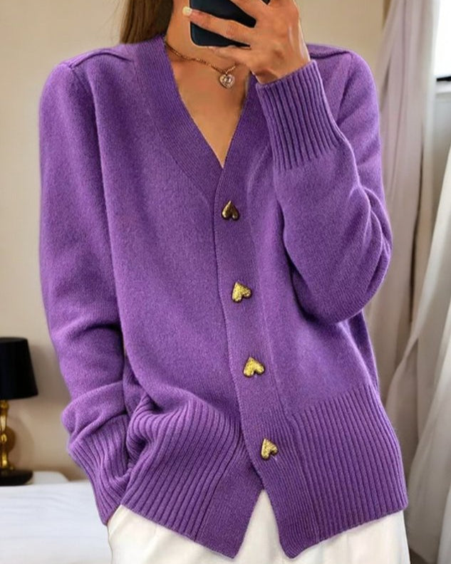 Fayeisse | Women's Cozy V-Neck Knit Cardigan, Heart Buttons — Purple