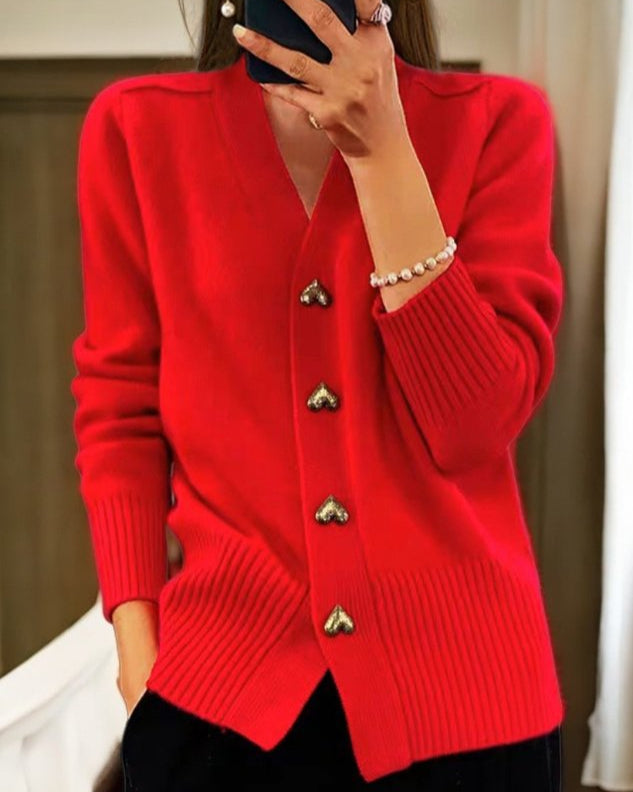 Fayeisse | Women's Cozy V-Neck Knit Cardigan, Heart Buttons — Red