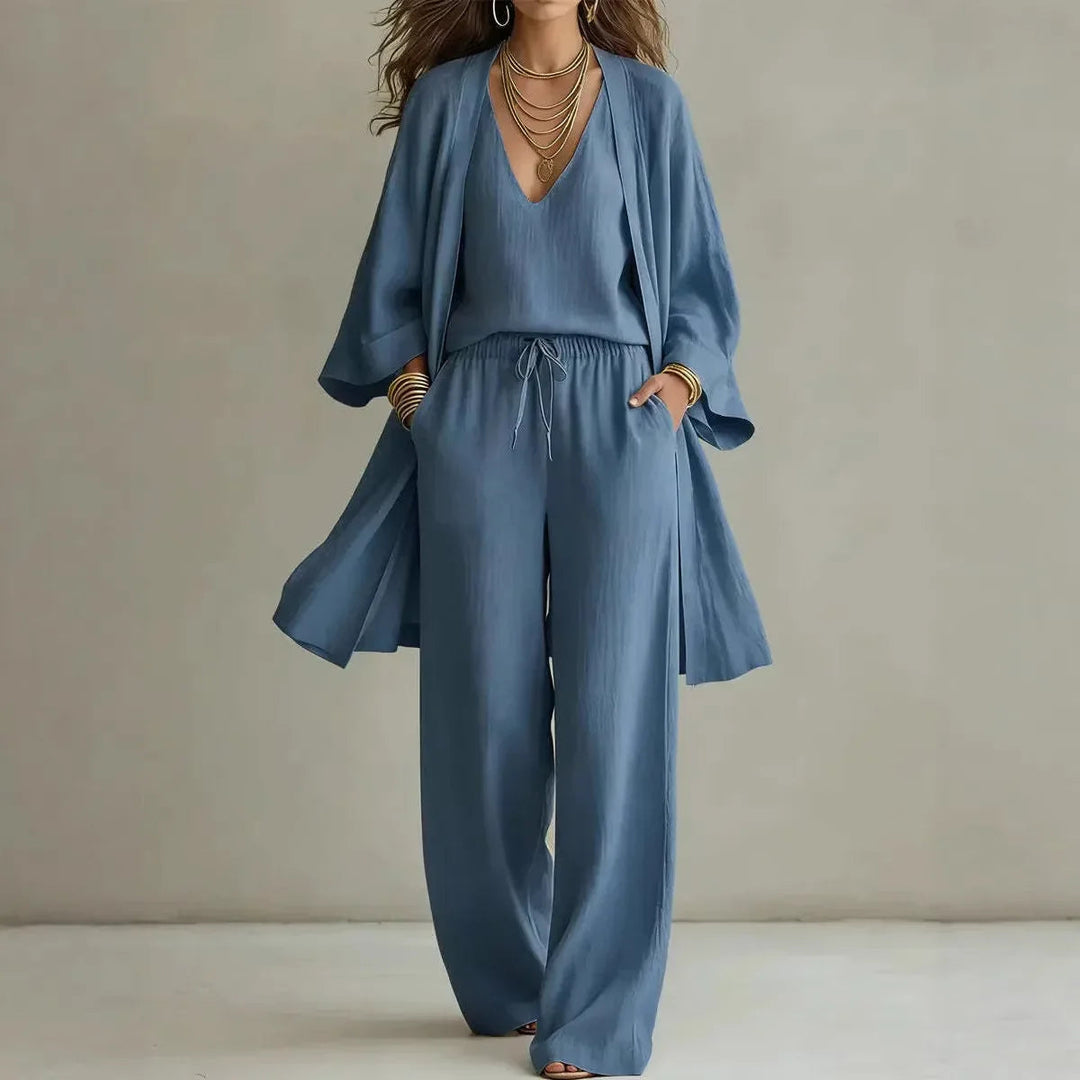Fayenia | Women's Casual Stretch Relaxed Wide-Leg Three-Piece Lounge Set — Blue