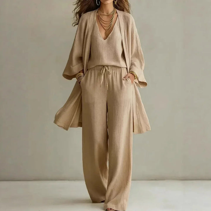 Fayenia | Women's Casual Stretch Relaxed Wide-Leg Three-Piece Lounge Set — Khaki