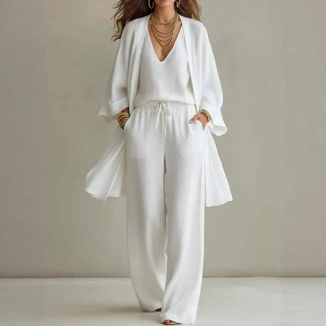Fayenia | Women's Casual Stretch Relaxed Wide-Leg Three-Piece Lounge Set — White