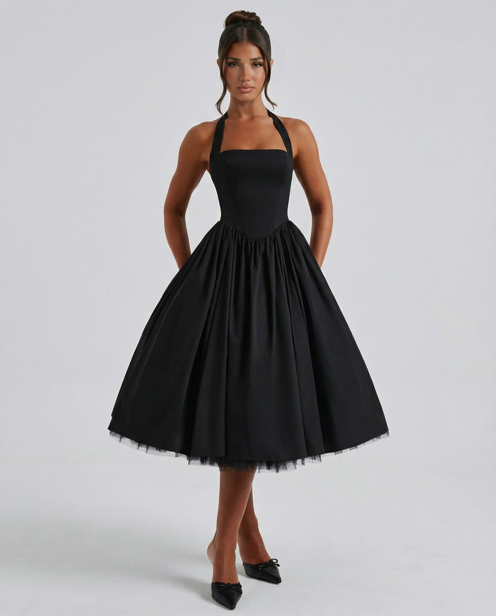 Fayereth | Women's Wedding Guest Elegant Midi Halter Neck Lace-Up Back Dress Dresses — Black