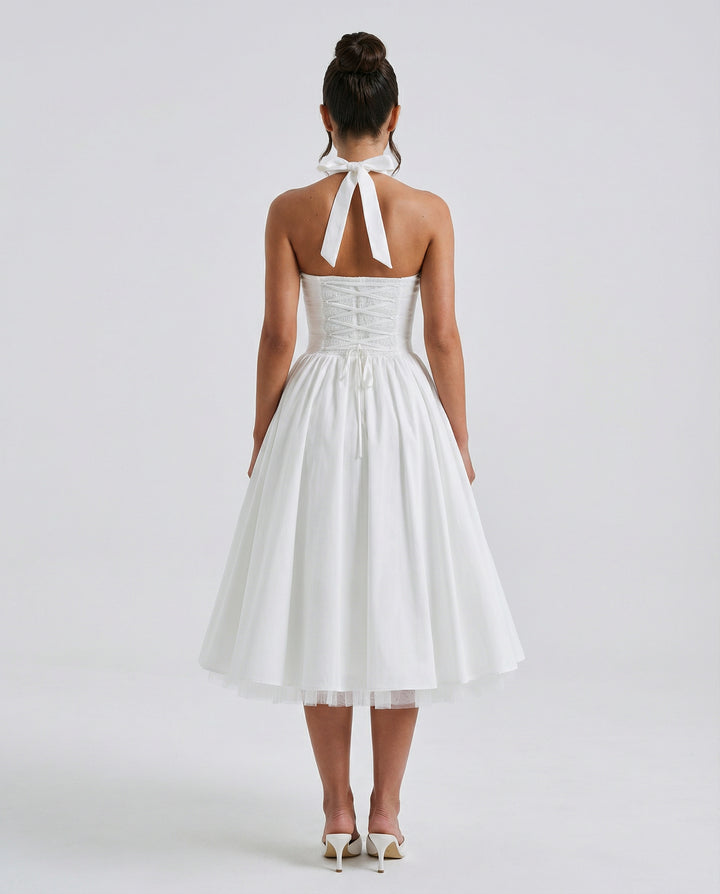 Fayereth | Women's Wedding Guest Elegant Midi Halter Neck Lace-Up Back Dress Dresses — 2