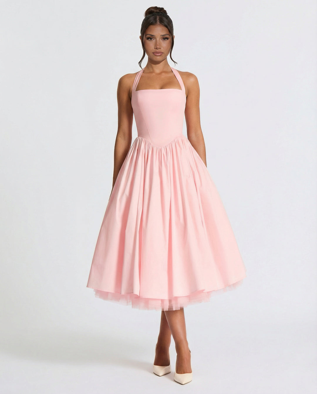 Fayereth | Women's Wedding Guest Elegant Midi Halter Neck Lace-Up Back Dress Dresses — Pink