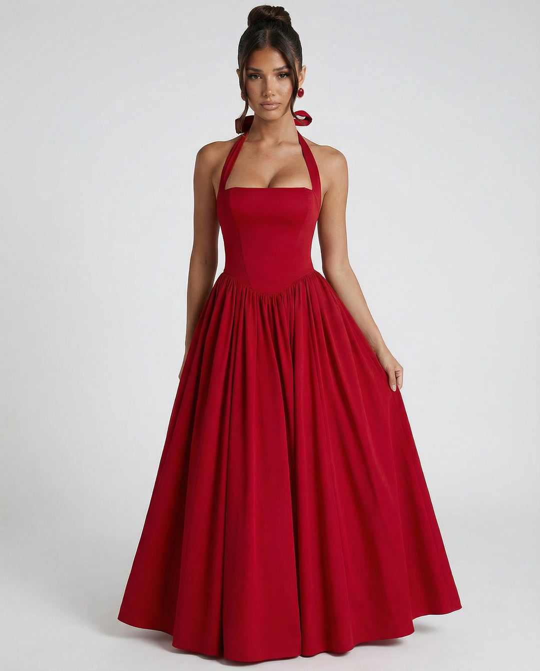 Fayereth | Women's Wedding Guest Elegant Midi Halter Neck Lace-Up Back Dress Dresses — Red